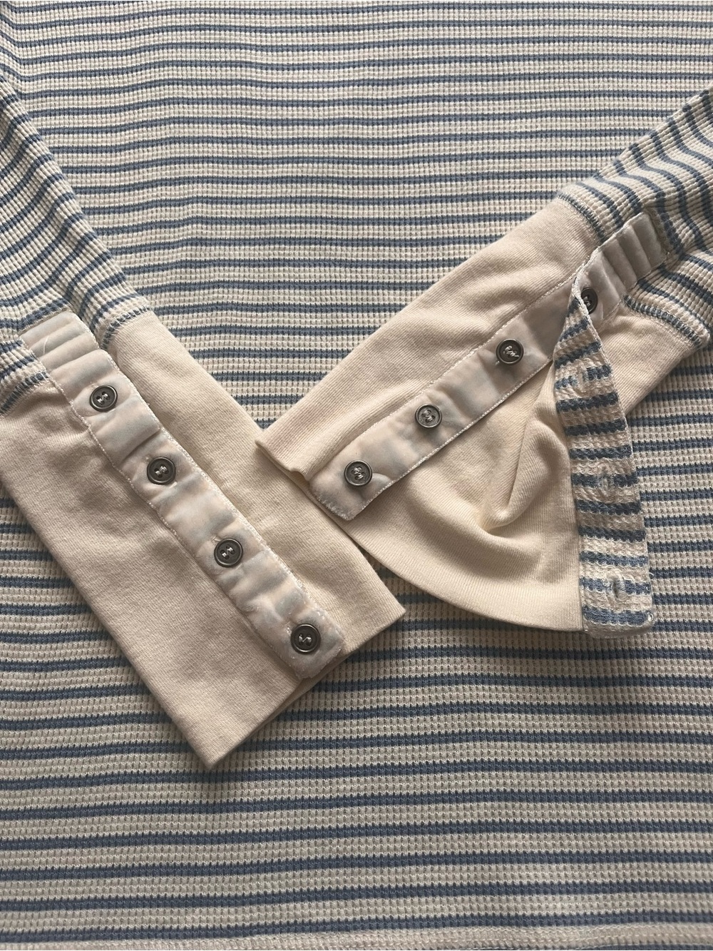 Sundance Striped Long-Sleeve Cotton Waffle Knit Top in Cream and Light Blue - Picture 9 of 13